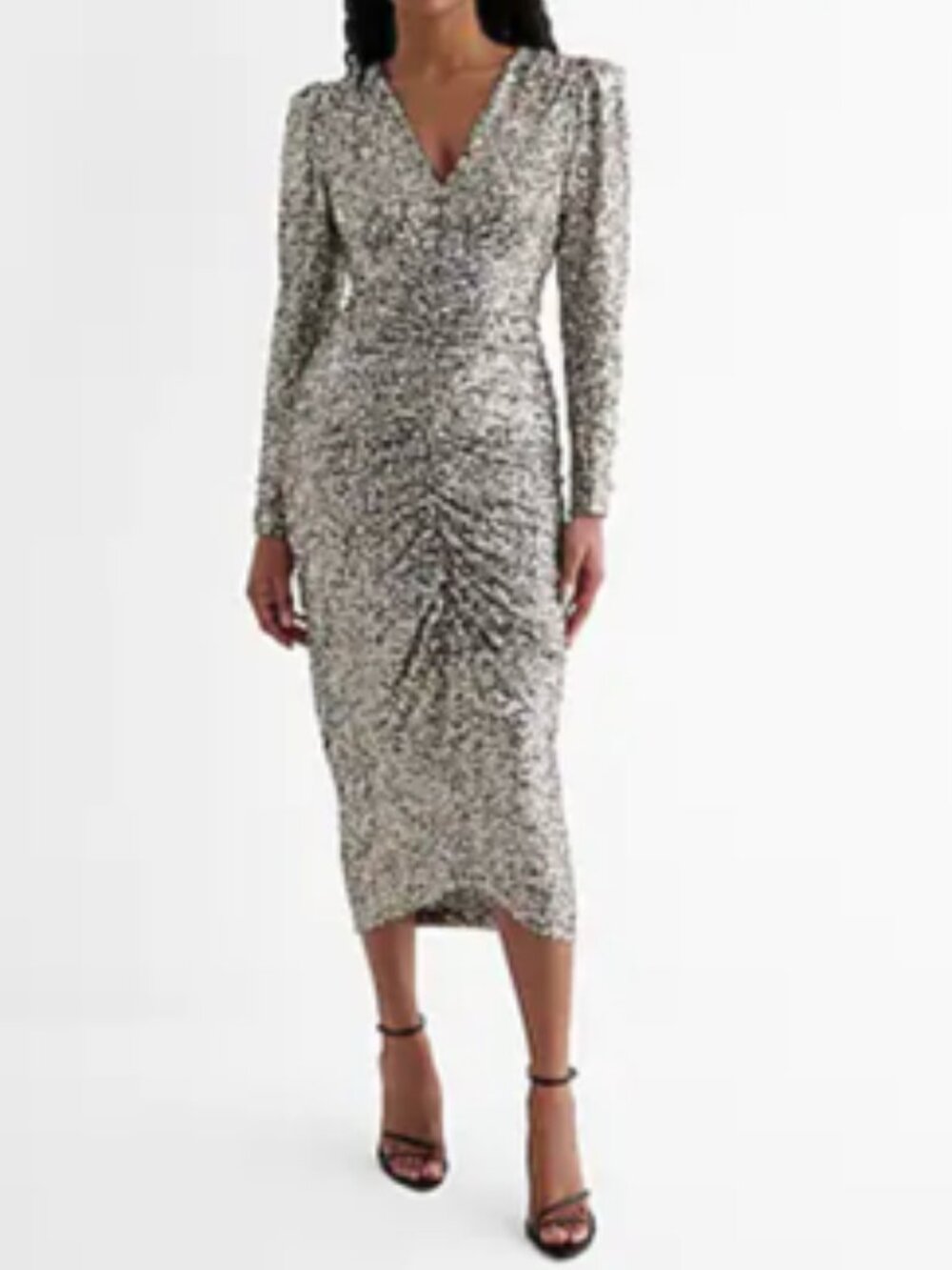 Express Deep Gold Sequin Vneck Rouched Long Sleeve Stretch Dress